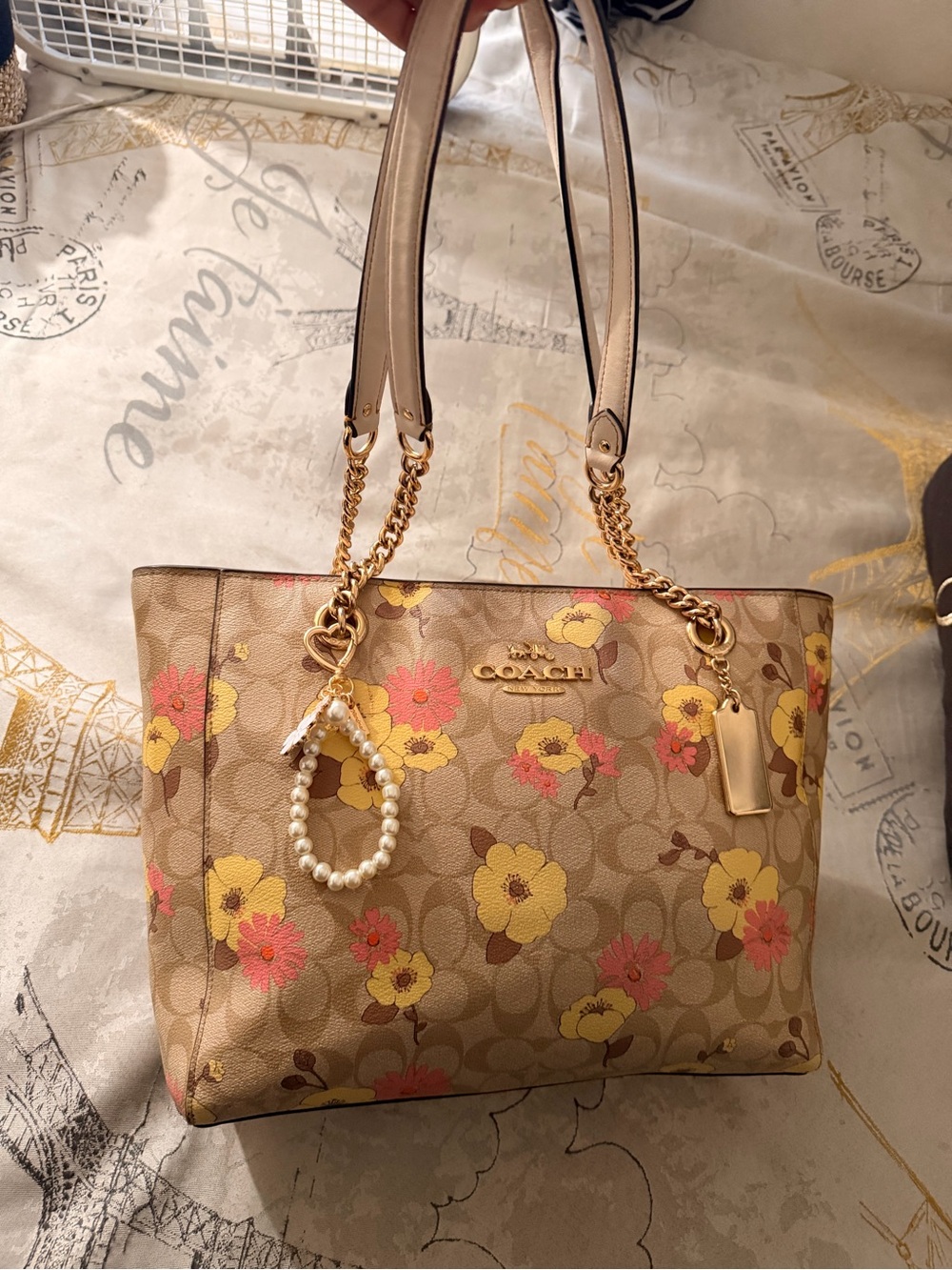 Coach Beige Signature Floral Tote with Yellow & Pink Blooms